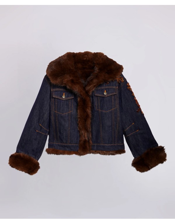 Ermannno Firenze Denim jacket jewel embroideries and faux fur