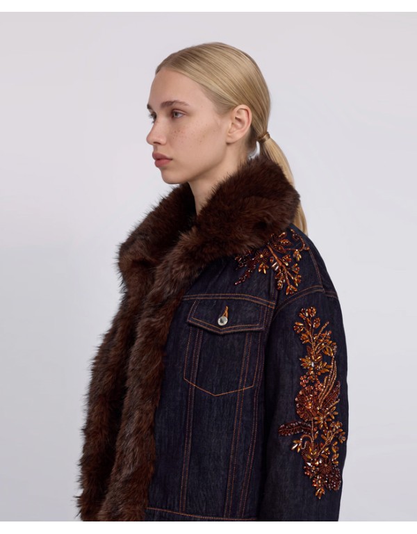 Ermannno Firenze Denim jacket jewel embroideries and faux fur