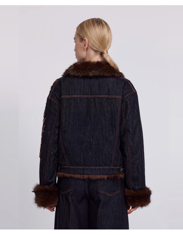 Ermannno Firenze Denim jacket jewel embroideries and faux fur