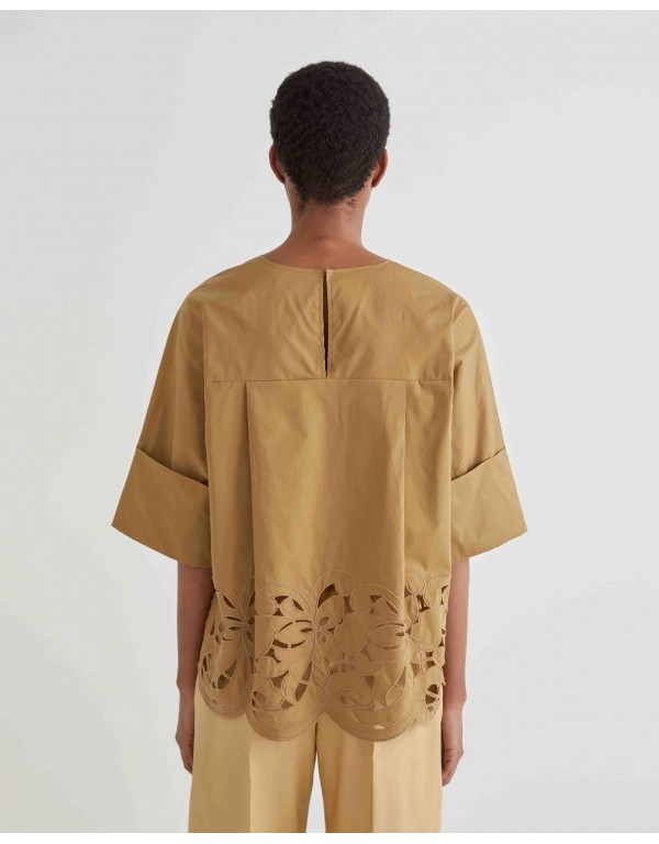 MeiMeij κάμελ μπλούζα με κοφτό κέντημα