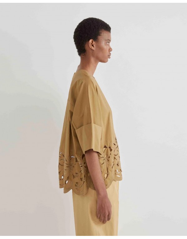 MeiMeij κάμελ μπλούζα με κοφτό κέντημα