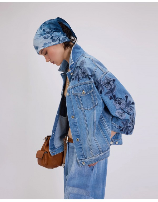 Ermanno Firenze Oversize denim jacket with floral embroidery