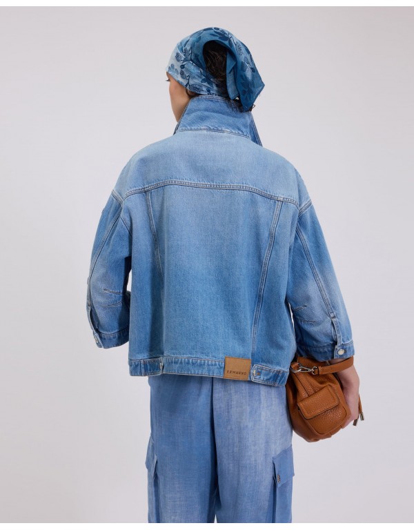 Ermanno Firenze Oversize denim jacket with floral embroidery