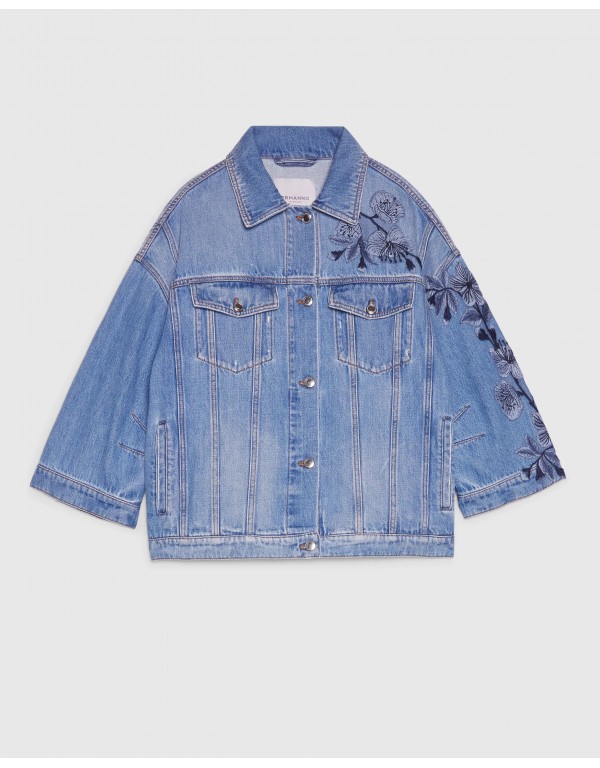 Ermanno Firenze Oversize denim jacket with floral embroidery
