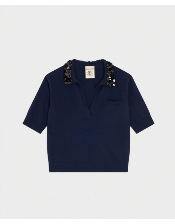 Semicouture Πλεκτή polo μπλούζα με μείγμα κασμίρ και παγιέτες στον γιακά 