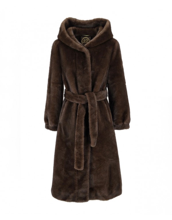 Puntododici Καφέ μακρύ παλτό από συνθετική γούνα