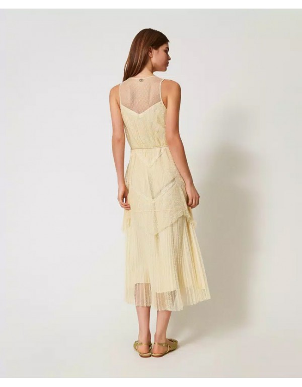 Long tulle dress with pleated flounces