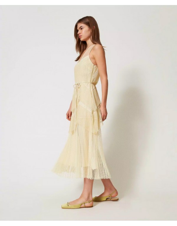 Long tulle dress with pleated flounces