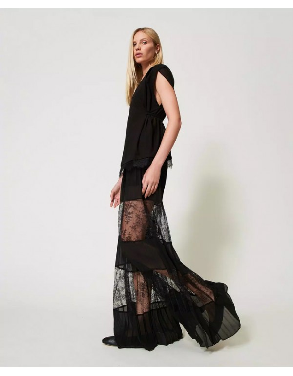 Twin Set Pleated georgette trousers with lace