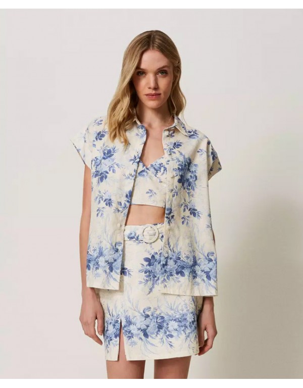 Linen blend shirt with floral print