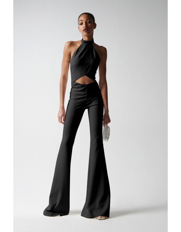 Long jumpsuit with front opening and open back 
