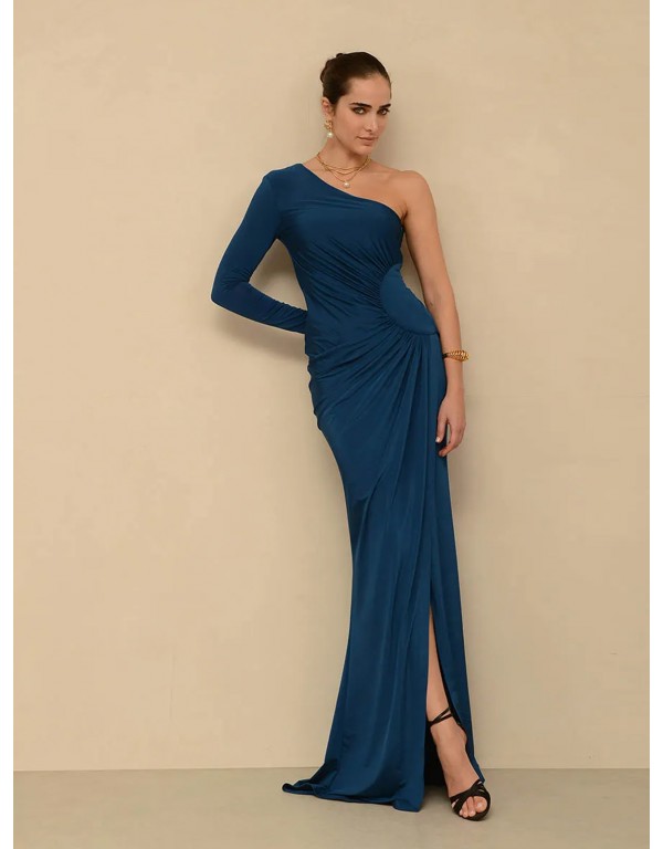 Petrol maxi dress with one shoulder