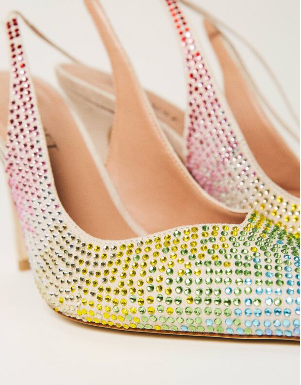 Heel on the outside with colored rhinestones