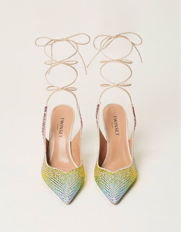 Heel on the outside with colored rhinestones