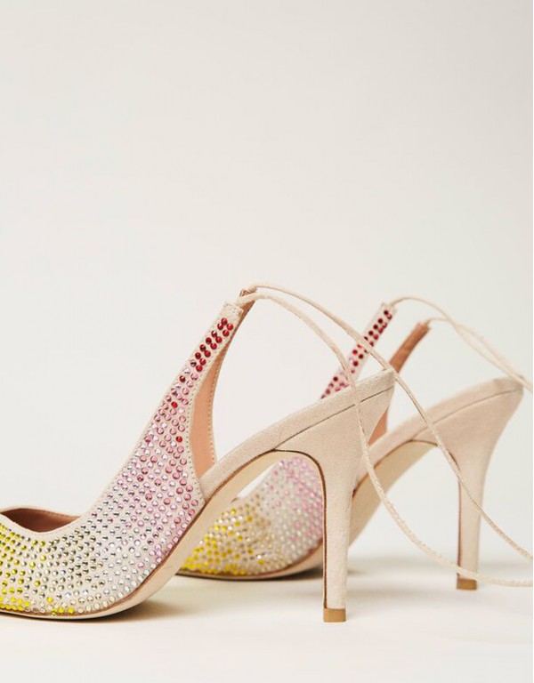 Heel on the outside with colored rhinestones